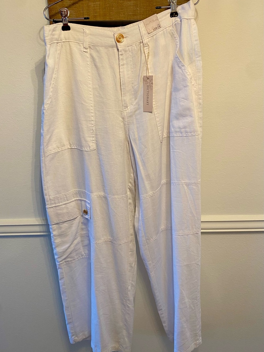 NWT Dictionary Linen Blend White Utility Wide Leg Pants Sz L 12-14 $90